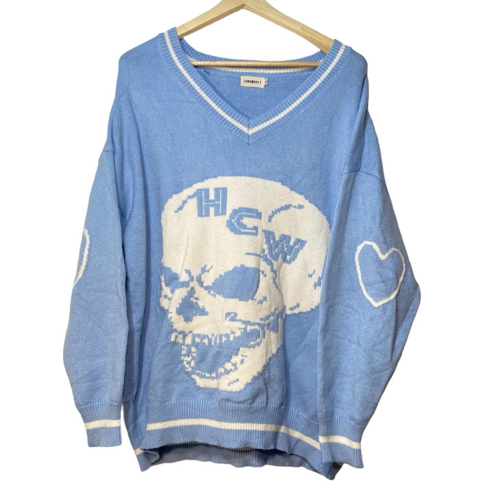 Light Blue Skull V-Neck Sweater with Heart Elbow Patches